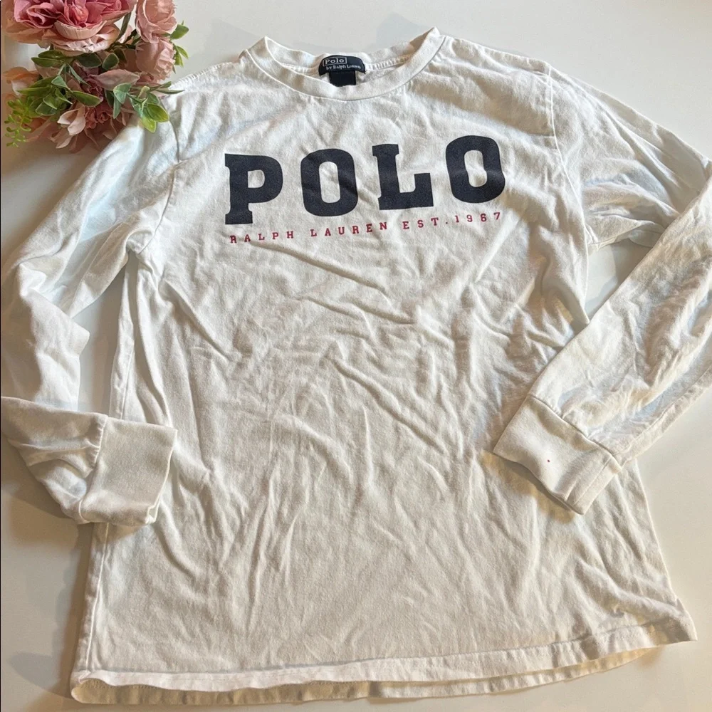 Ralph Lauren White Polo Shirt Boys Long Sleeve White POLO Logo T Shirt Large - Picture 3 of 17